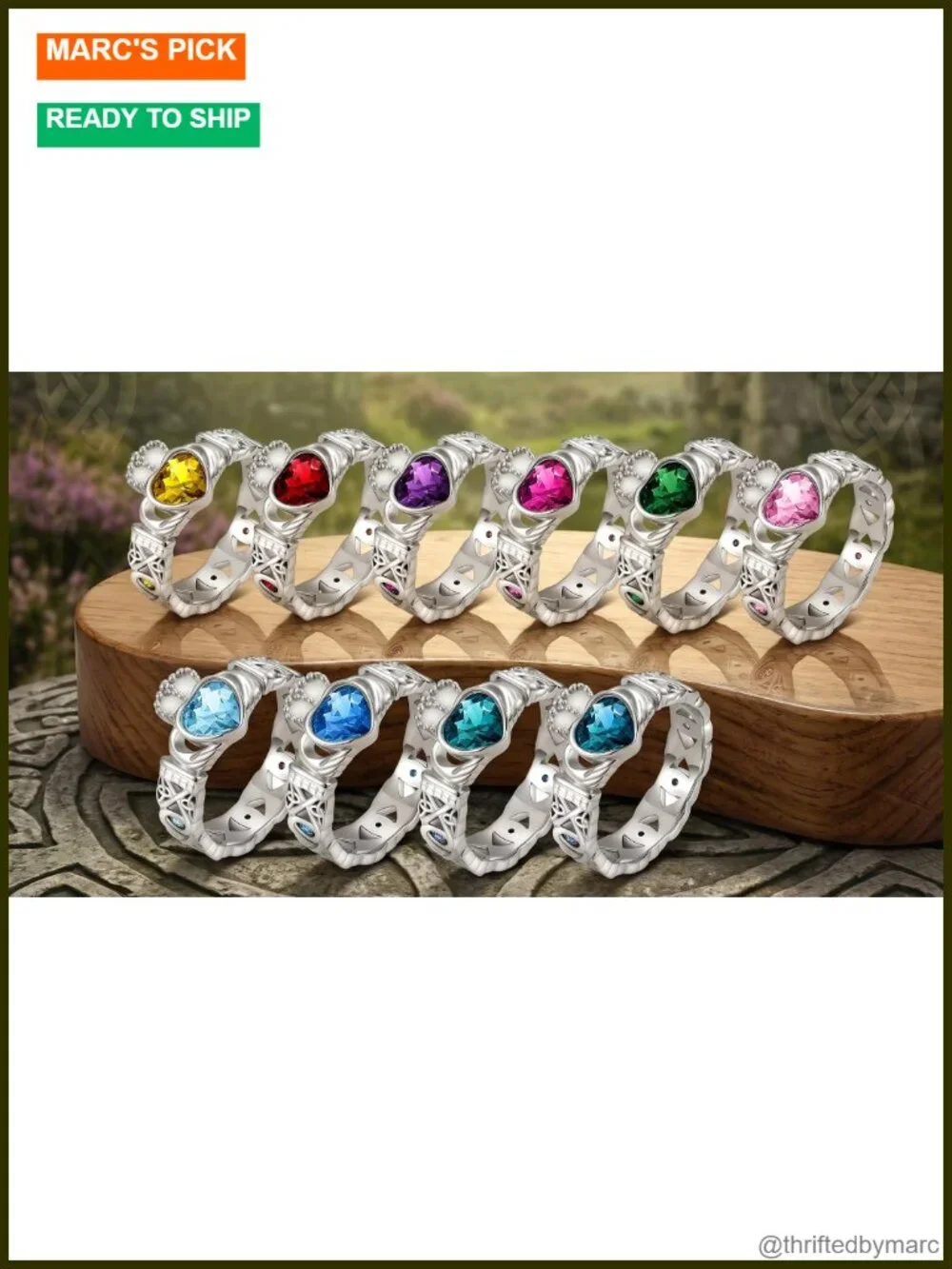 925 Sterling Silver Claddagh Ring May Birthstone Heart Promise Wedding
